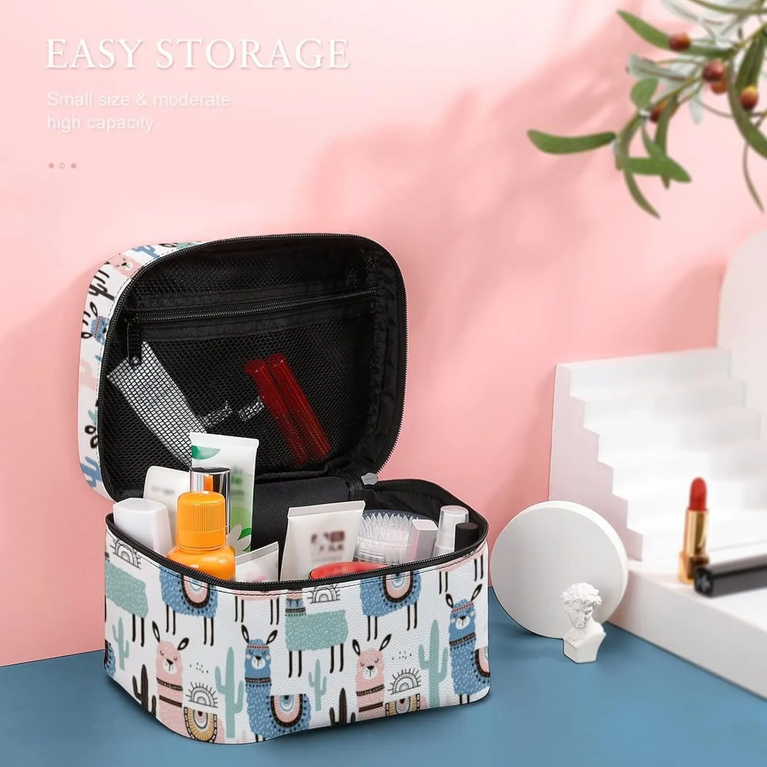 Makeup Bag Cosmetic Bag, Llama Cactus Alpaca Desert Makeup Bag Portable PU Leather Makeup Train Case Pouch Toiletry Bag with Handle for Girl Women Ladies