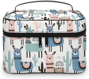 Makeup Bag Cosmetic Bag, Llama Cactus Alpaca Desert Makeup Bag Portable PU Leather Makeup Train Case Pouch Toiletry Bag with Handle for Girl Women Ladies
