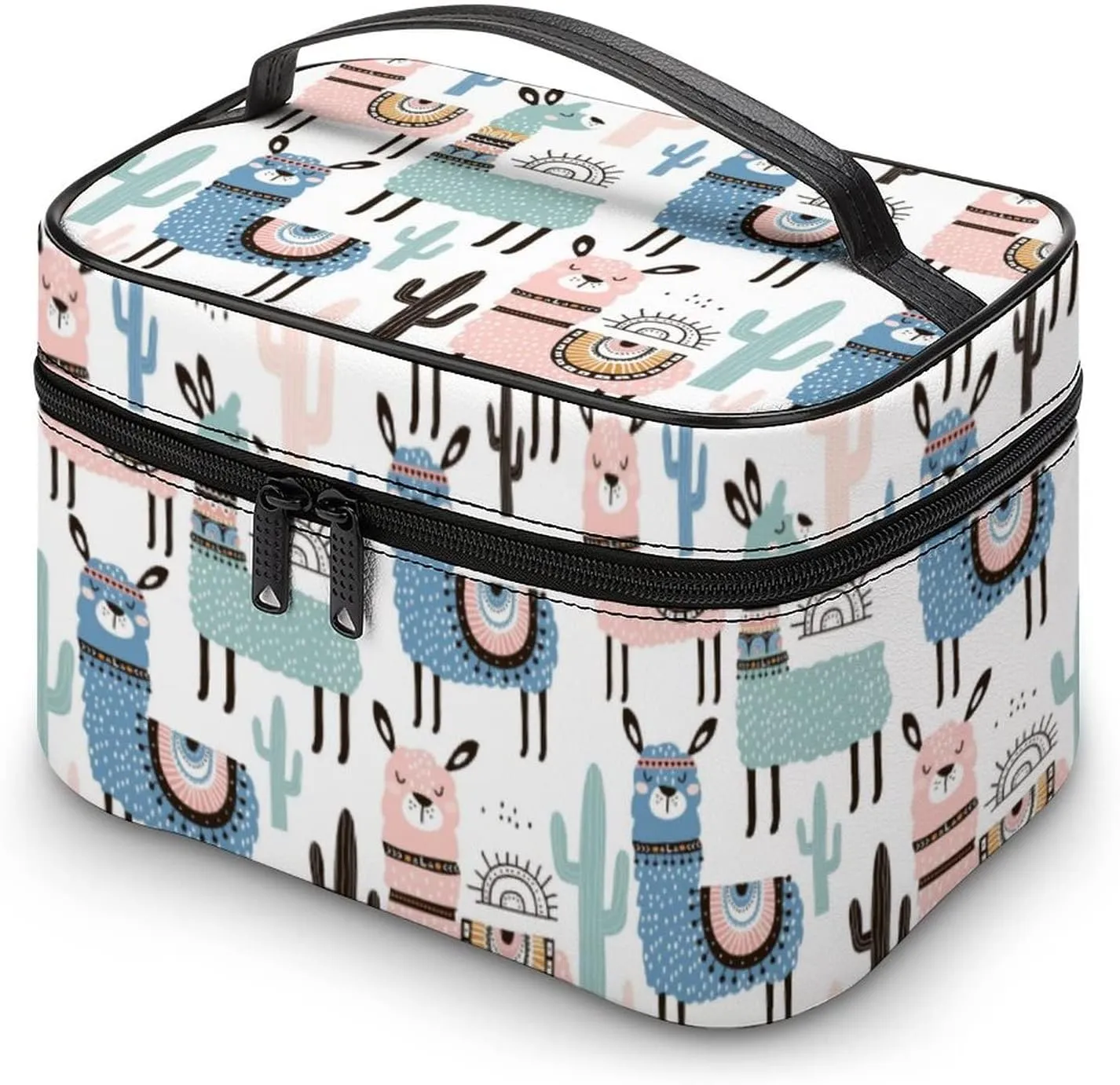 Makeup Bag Cosmetic Bag, Llama Cactus Alpaca Desert Makeup Bag Portable PU Leather Makeup Train Case Pouch Toiletry Bag with Handle for Girl Women Ladies
