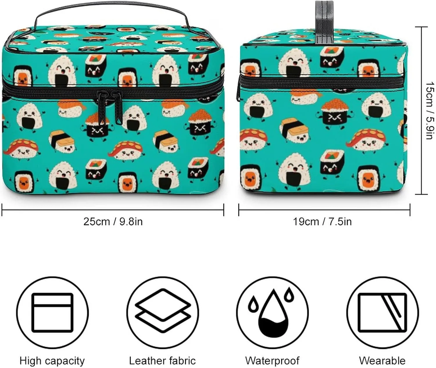 Makeup Bag Cosmetic Organizer Bag, Cute Sushi Asia Food Kawaii Makeup Bag Portable Vegan Leather Makeup Train Case Pouch Toiletry Bag with Strap for Girls Women Friends Gifts