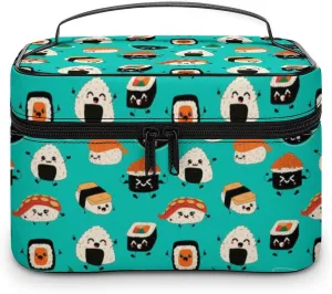 Makeup Bag Cosmetic Organizer Bag, Cute Sushi Asia Food Kawaii Makeup Bag Portable Vegan Leather Makeup Train Case Pouch Toiletry Bag with Strap for Girls Women Friends Gifts
