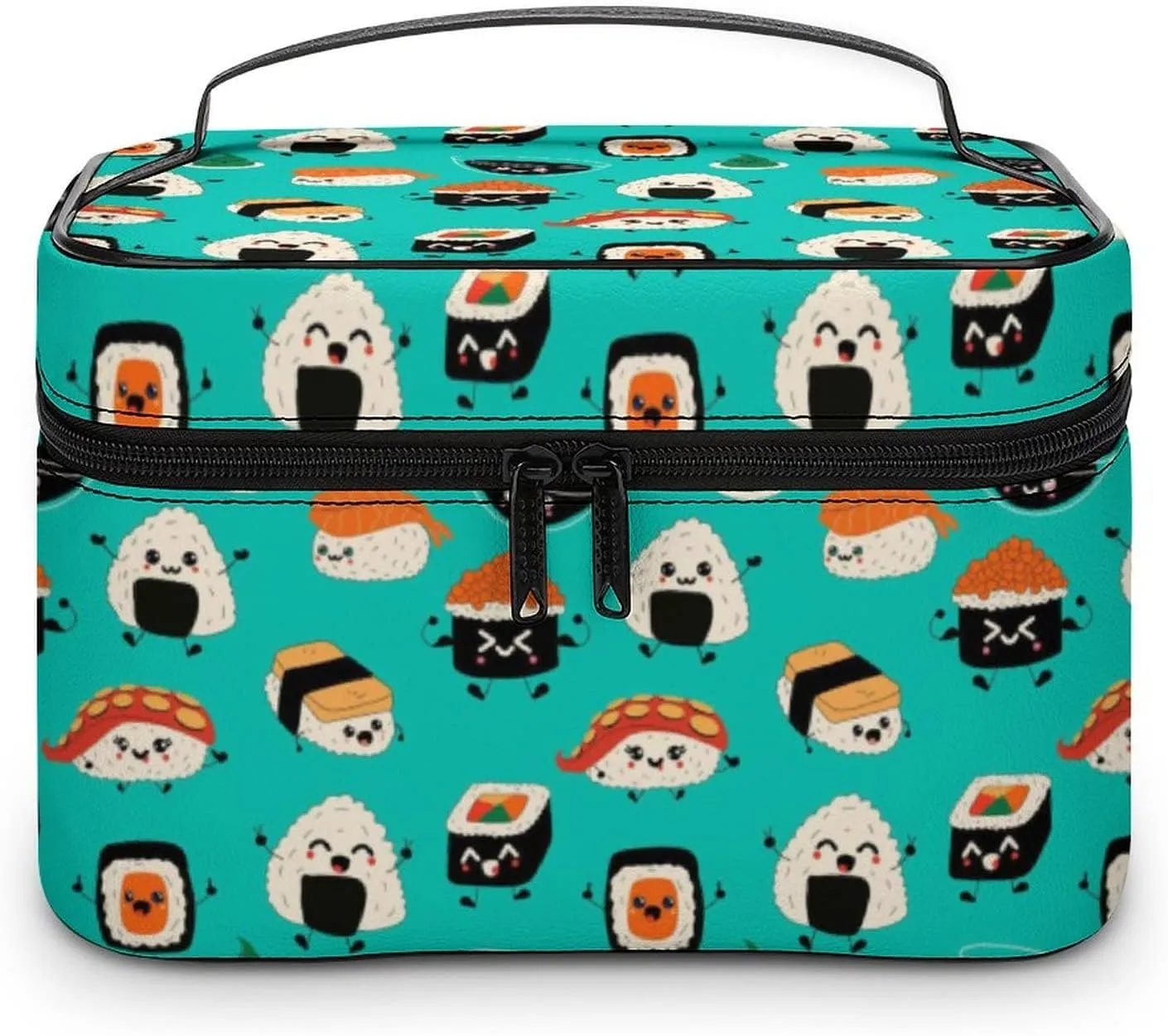 Makeup Bag Cosmetic Organizer Bag, Cute Sushi Asia Food Kawaii Makeup Bag Portable Vegan Leather Makeup Train Case Pouch Toiletry Bag with Strap for Girls Women Friends Gifts