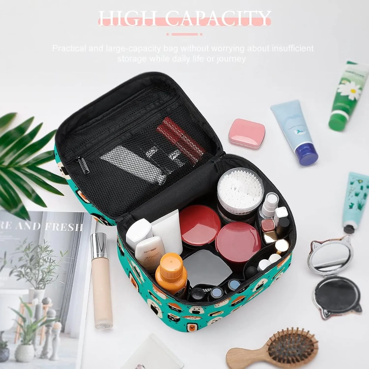 Makeup Bag Cosmetic Organizer Bag, Cute Sushi Asia Food Kawaii Makeup Bag Portable Vegan Leather Makeup Train Case Pouch Toiletry Bag with Strap for Girls Women Friends Gifts