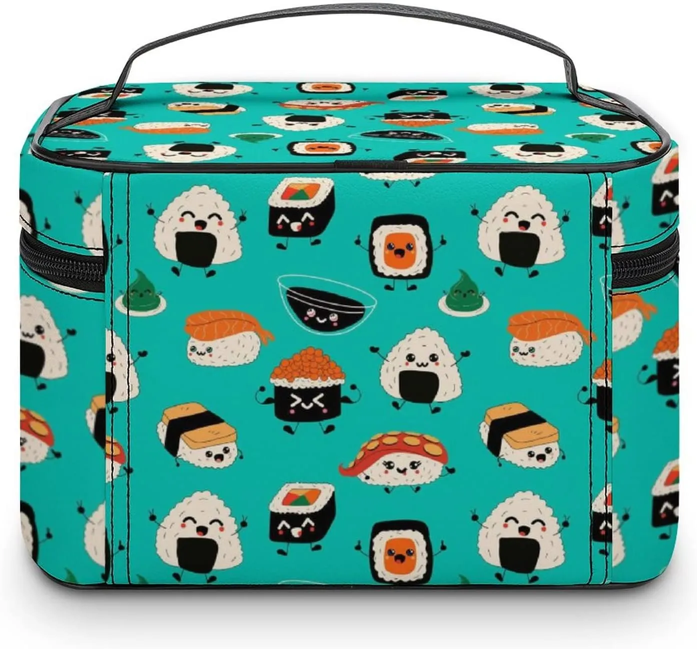 Makeup Bag Cosmetic Organizer Bag, Cute Sushi Asia Food Kawaii Makeup Bag Portable Vegan Leather Makeup Train Case Pouch Toiletry Bag with Strap for Girls Women Friends Gifts