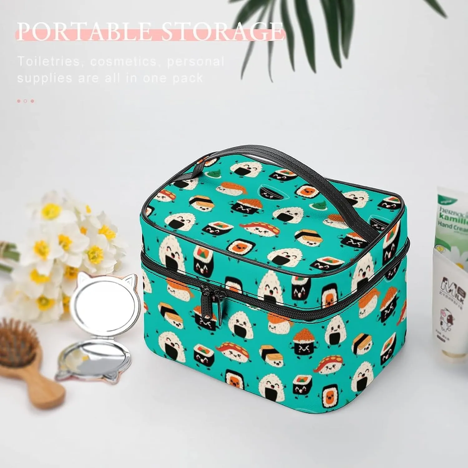 Makeup Bag Cosmetic Organizer Bag, Cute Sushi Asia Food Kawaii Makeup Bag Portable Vegan Leather Makeup Train Case Pouch Toiletry Bag with Strap for Girls Women Friends Gifts
