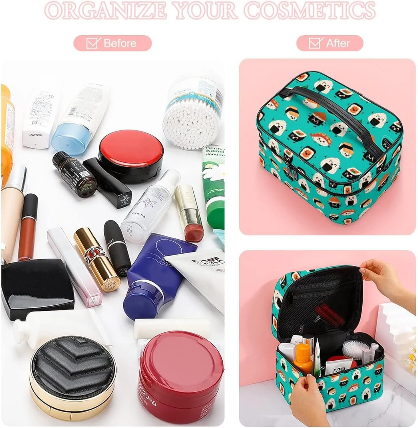 Makeup Bag Cosmetic Organizer Bag, Cute Sushi Asia Food Kawaii Makeup Bag Portable Vegan Leather Makeup Train Case Pouch Toiletry Bag with Strap for Girls Women Friends Gifts