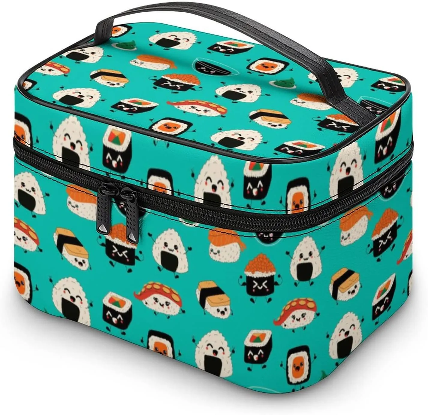 Makeup Bag Cosmetic Organizer Bag, Cute Sushi Asia Food Kawaii Makeup Bag Portable Vegan Leather Makeup Train Case Pouch Toiletry Bag with Strap for Girls Women Friends Gifts