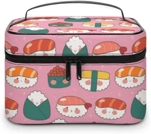 Makeup Bag Cosmetic Organizer Bag, Cute Sushi Rolls Kawaii Pink Makeup Bag Portable Vegan Leather Makeup Case Pouch Toiletry Bag with Handle for Women Girls Gifts