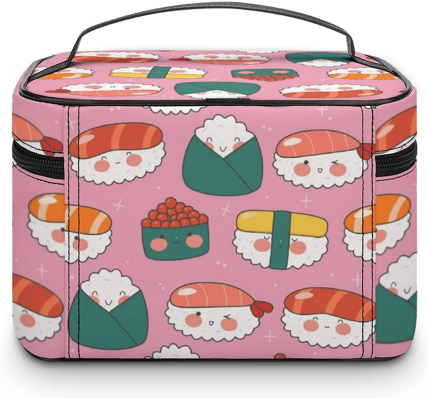 Makeup Bag Cosmetic Organizer Bag, Cute Sushi Rolls Kawaii Pink Makeup Bag Portable Vegan Leather Makeup Case Pouch Toiletry Bag with Handle for Women Girls Gifts