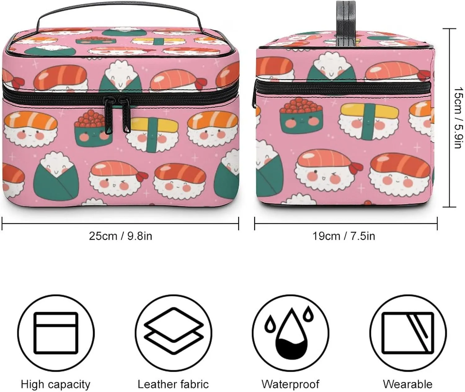 Makeup Bag Cosmetic Organizer Bag, Cute Sushi Rolls Kawaii Pink Makeup Bag Portable Vegan Leather Makeup Case Pouch Toiletry Bag with Handle for Women Girls Gifts