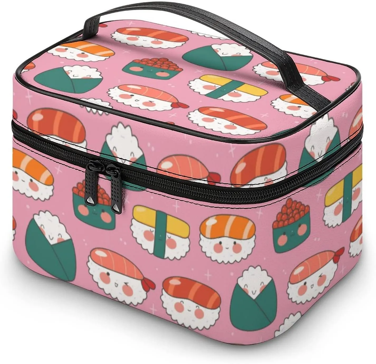 Makeup Bag Cosmetic Organizer Bag, Cute Sushi Rolls Kawaii Pink Makeup Bag Portable Vegan Leather Makeup Case Pouch Toiletry Bag with Handle for Women Girls Gifts