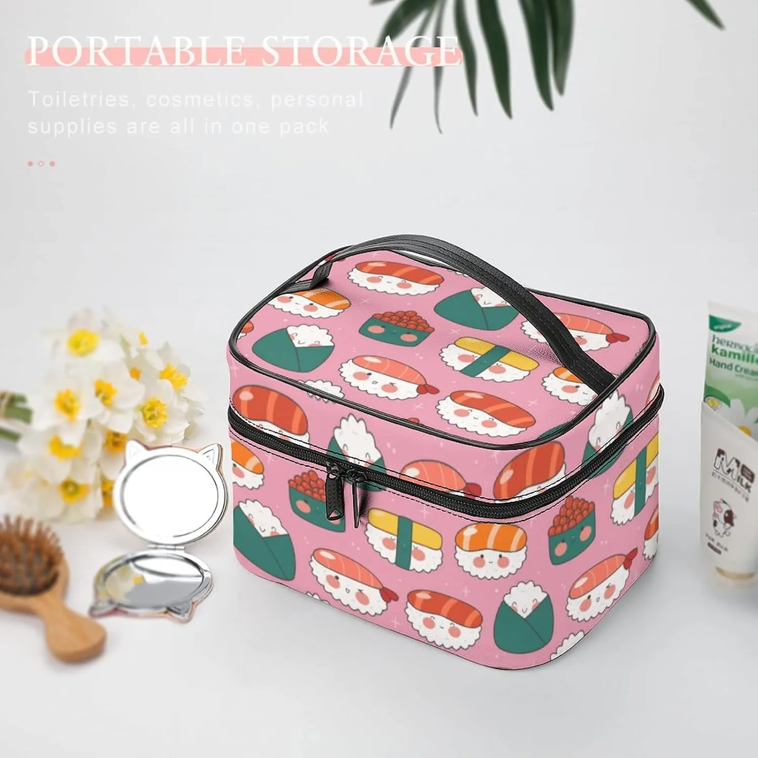 Makeup Bag Cosmetic Organizer Bag, Cute Sushi Rolls Kawaii Pink Makeup Bag Portable Vegan Leather Makeup Case Pouch Toiletry Bag with Handle for Women Girls Gifts