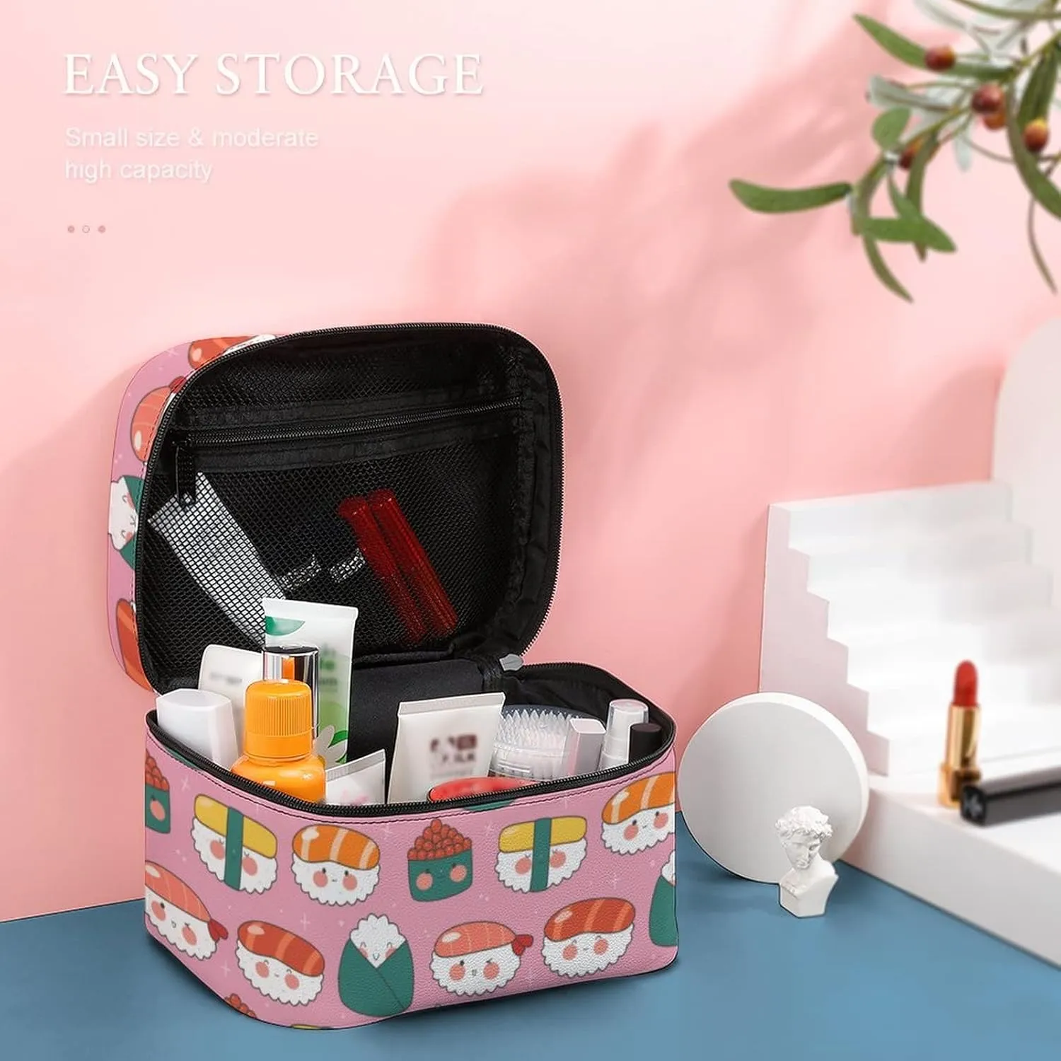 Makeup Bag Cosmetic Organizer Bag, Cute Sushi Rolls Kawaii Pink Makeup Bag Portable Vegan Leather Makeup Case Pouch Toiletry Bag with Handle for Women Girls Gifts