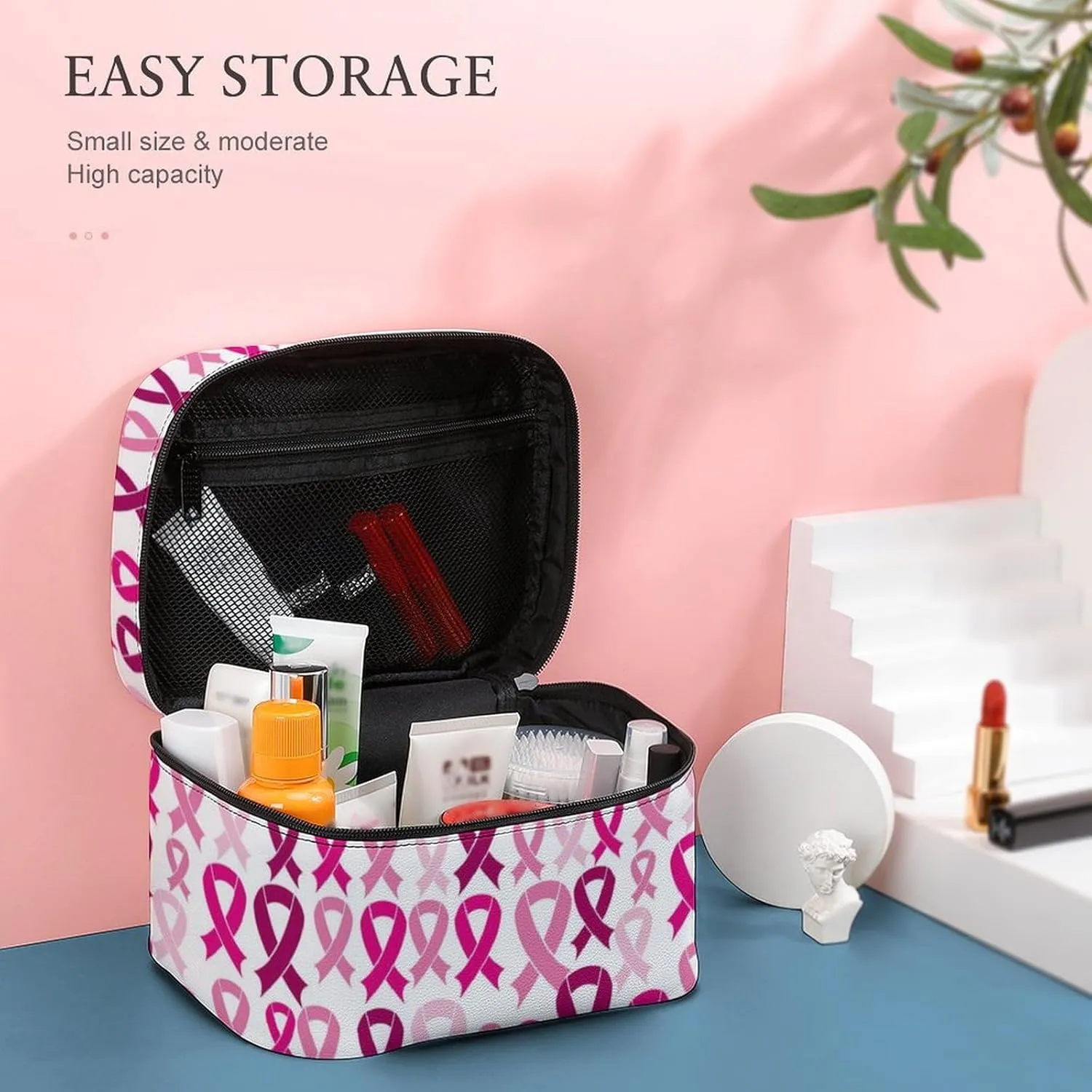 Makeup Bag for Women, Breast Cancer Awareness Pink Ribbons Large Cosmetic Brush Bag, Portable Waterproof Storage Bag with Handle Travel Toiletry Accessories