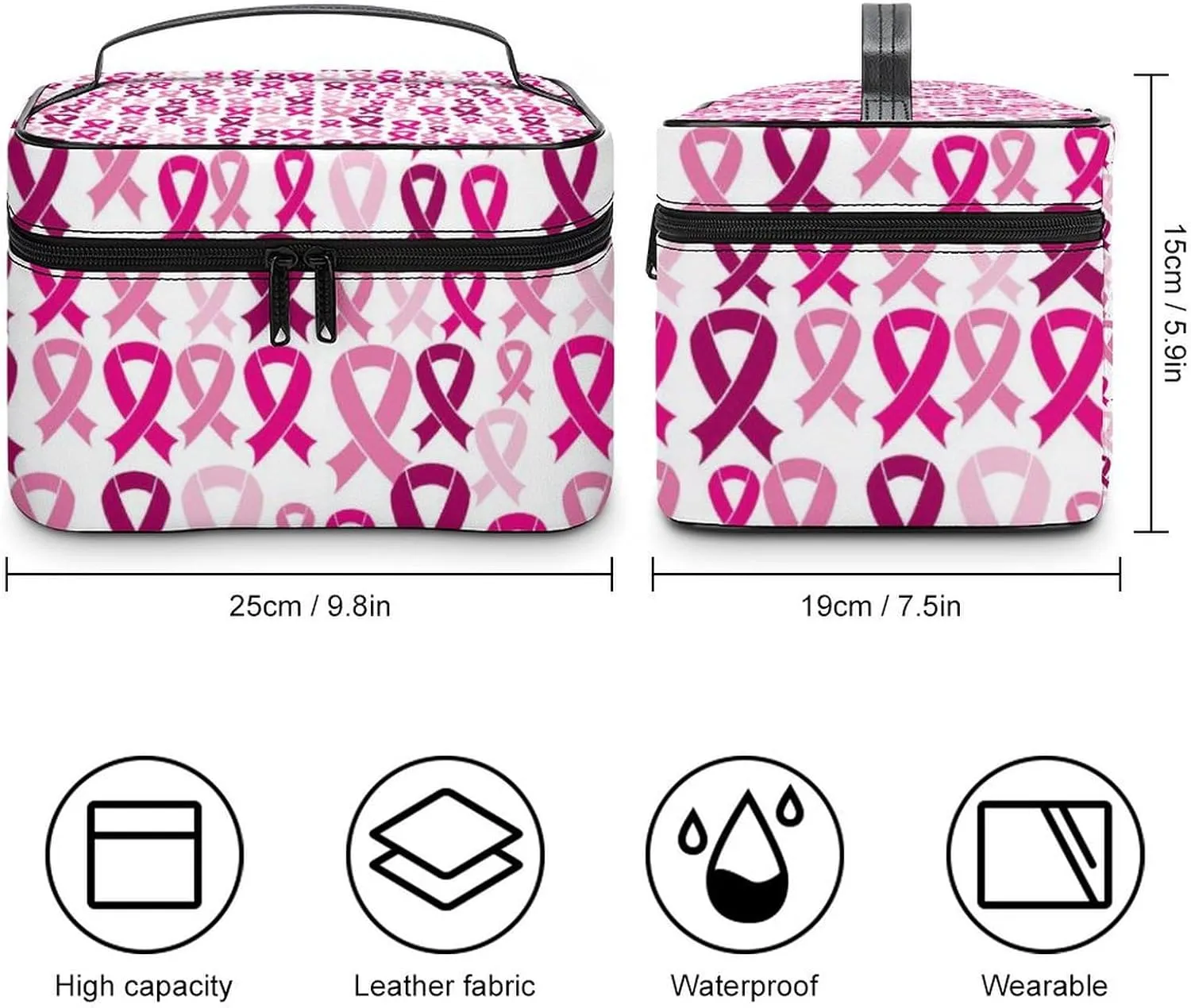 Makeup Bag for Women, Breast Cancer Awareness Pink Ribbons Large Cosmetic Brush Bag, Portable Waterproof Storage Bag with Handle Travel Toiletry Accessories