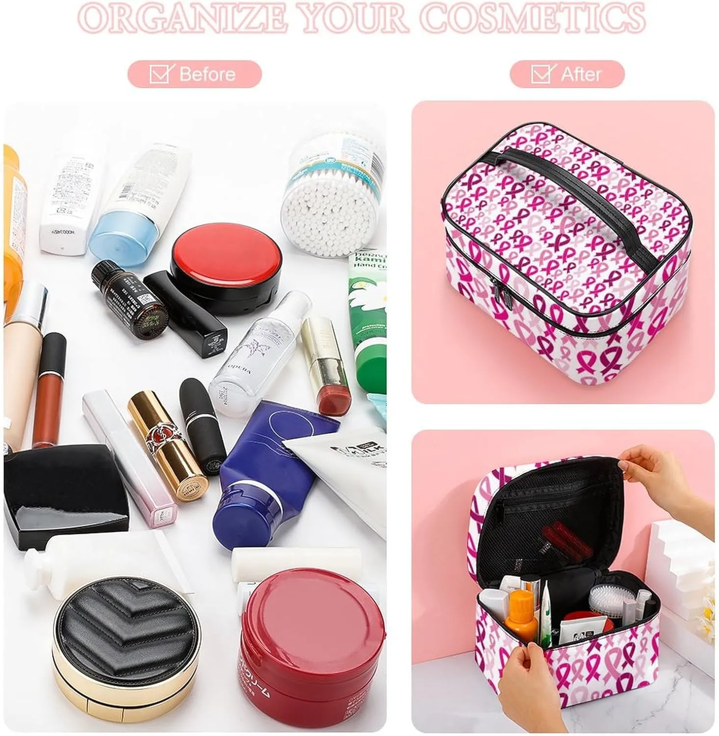 Makeup Bag for Women, Breast Cancer Awareness Pink Ribbons Large Cosmetic Brush Bag, Portable Waterproof Storage Bag with Handle Travel Toiletry Accessories