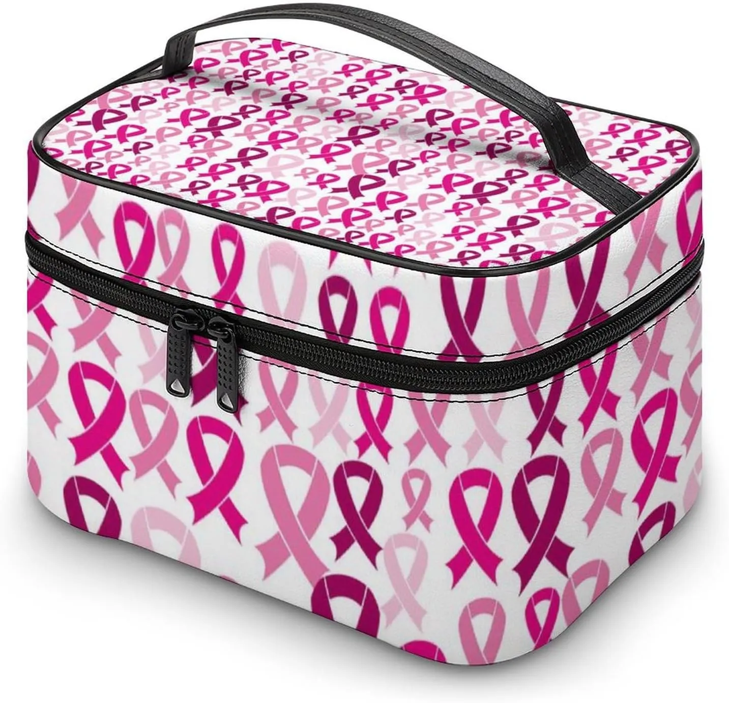 Makeup Bag for Women, Breast Cancer Awareness Pink Ribbons Large Cosmetic Brush Bag, Portable Waterproof Storage Bag with Handle Travel Toiletry Accessories