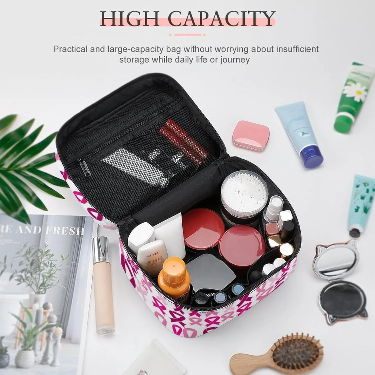 Makeup Bag for Women, Breast Cancer Awareness Pink Ribbons Large Cosmetic Brush Bag, Portable Waterproof Storage Bag with Handle Travel Toiletry Accessories