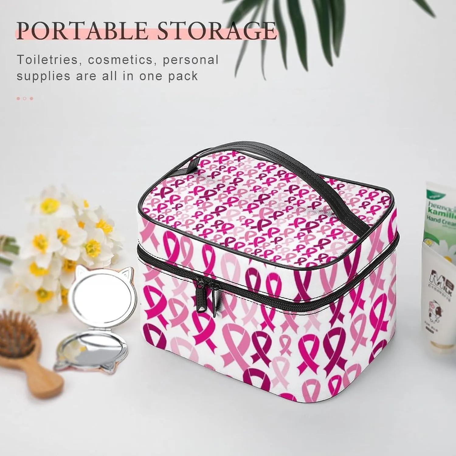 Makeup Bag for Women, Breast Cancer Awareness Pink Ribbons Large Cosmetic Brush Bag, Portable Waterproof Storage Bag with Handle Travel Toiletry Accessories