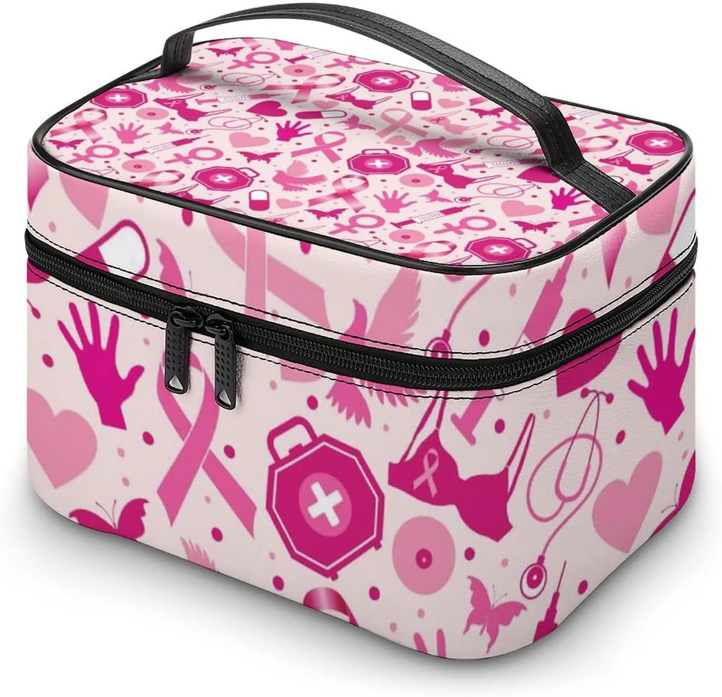 Makeup Bag October Awareness Month Ribbon Cosmetic Bag for Women Beauty Zipper Makeup Organizer PU Leather Waterproof Toiletry Train Case