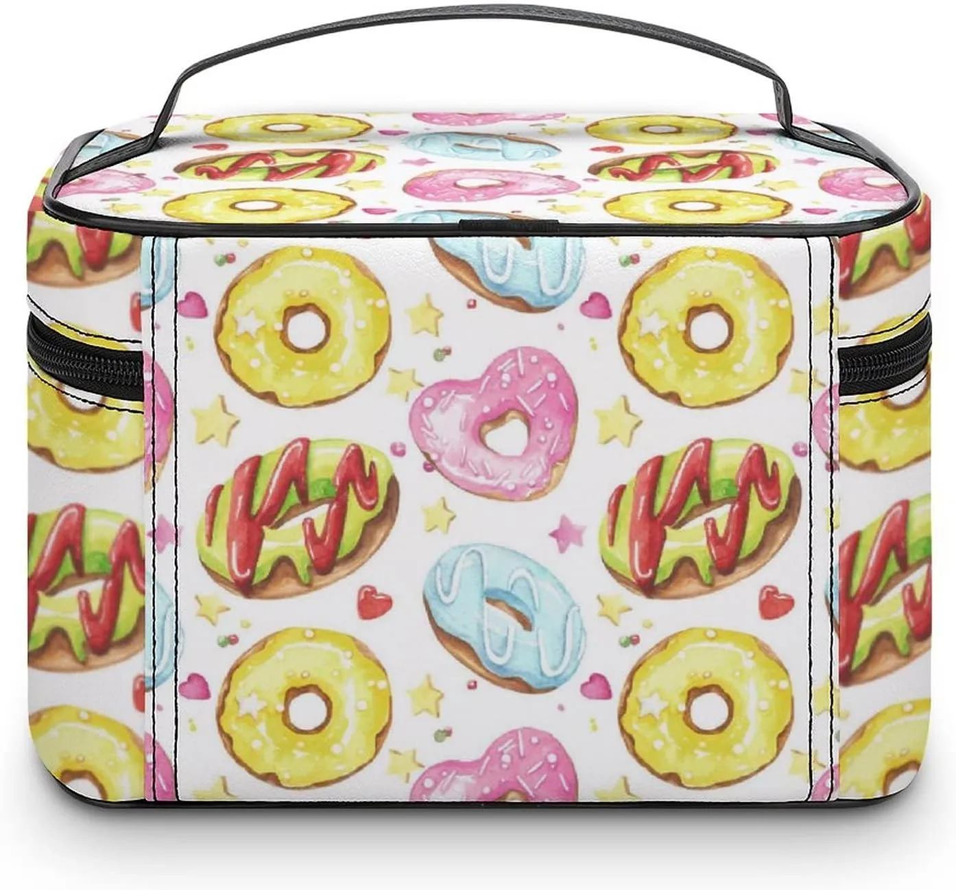 Makeup Bag Organizer Cosmetic Bag, Donuts Hearts Doughnuts Breakfast Makeup Bag Portable Synthetic Leather Makeup Organizer Bag Toiletry Bag with Handle for Girls Women Friends Gifts