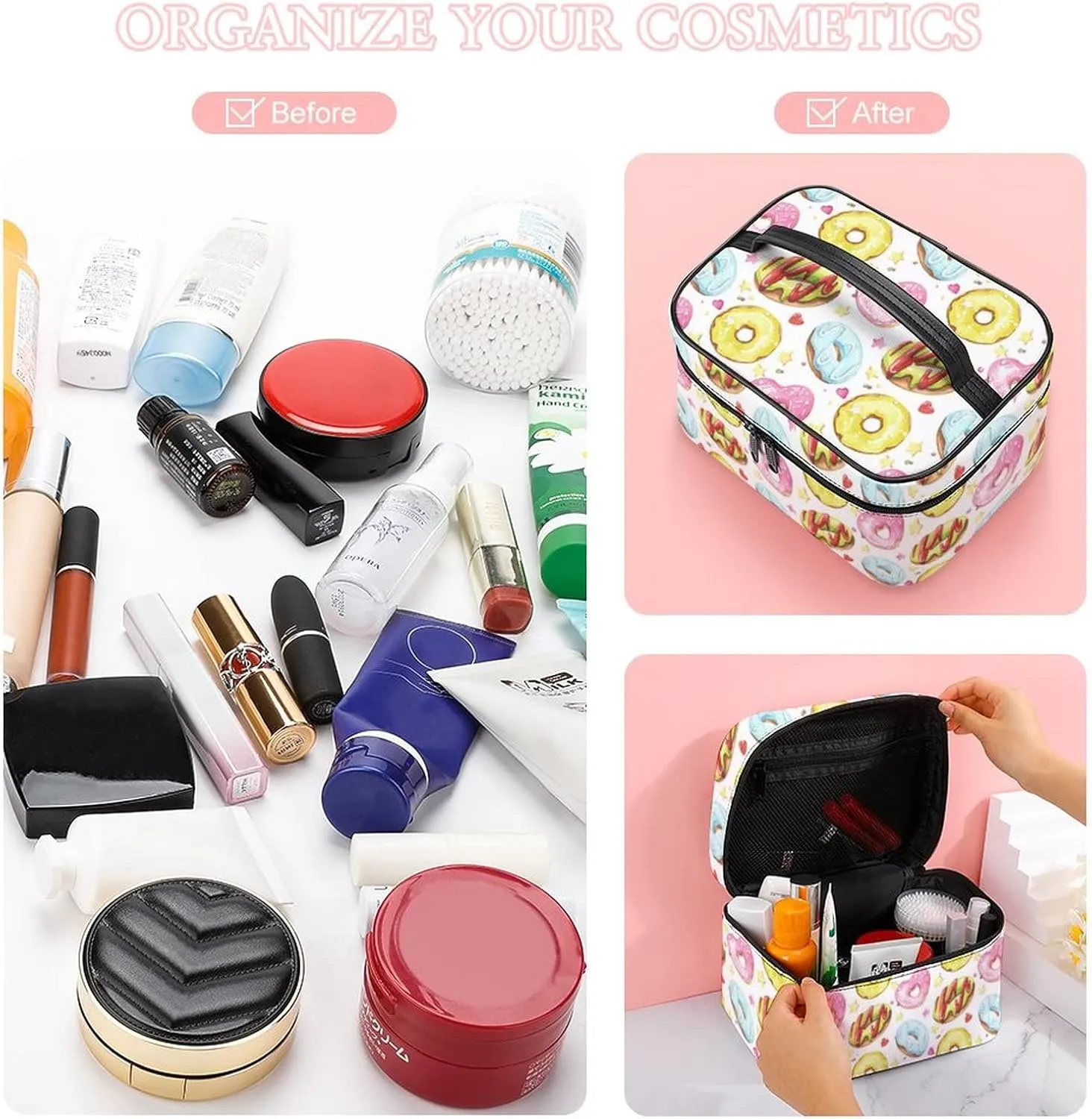 Makeup Bag Organizer Cosmetic Bag, Donuts Hearts Doughnuts Breakfast Makeup Bag Portable Synthetic Leather Makeup Organizer Bag Toiletry Bag with Handle for Girls Women Friends Gifts