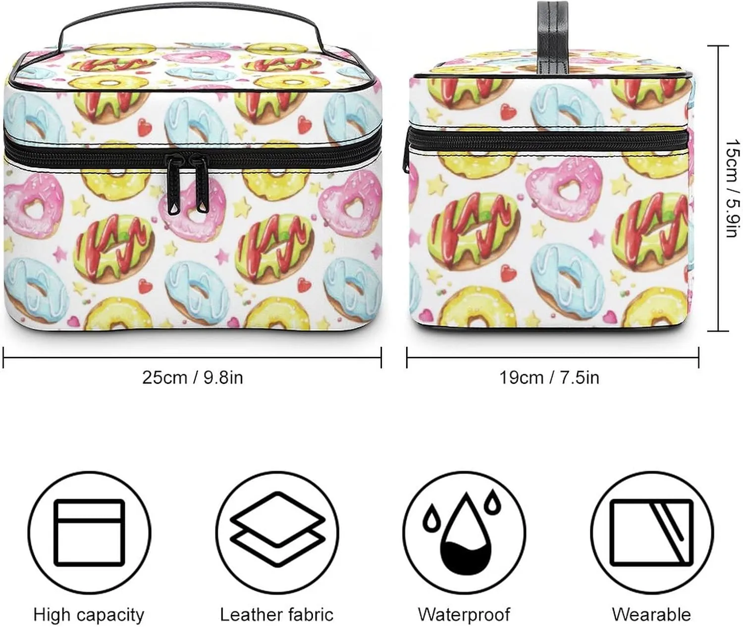 Makeup Bag Organizer Cosmetic Bag, Donuts Hearts Doughnuts Breakfast Makeup Bag Portable Synthetic Leather Makeup Organizer Bag Toiletry Bag with Handle for Girls Women Friends Gifts
