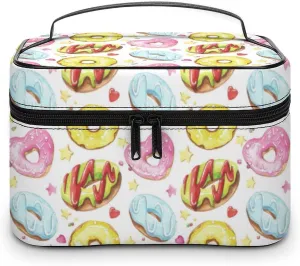 Makeup Bag Organizer Cosmetic Bag, Donuts Hearts Doughnuts Breakfast Makeup Bag Portable Synthetic Leather Makeup Organizer Bag Toiletry Bag with Handle for Girls Women Friends Gifts