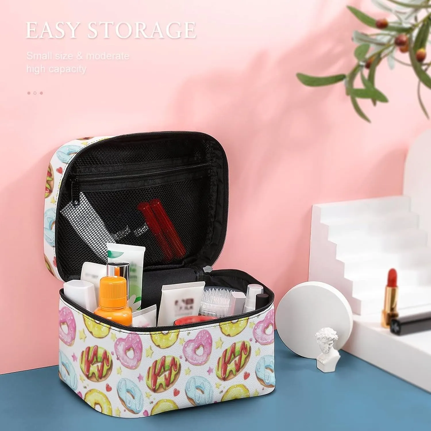 Makeup Bag Organizer Cosmetic Bag, Donuts Hearts Doughnuts Breakfast Makeup Bag Portable Synthetic Leather Makeup Organizer Bag Toiletry Bag with Handle for Girls Women Friends Gifts
