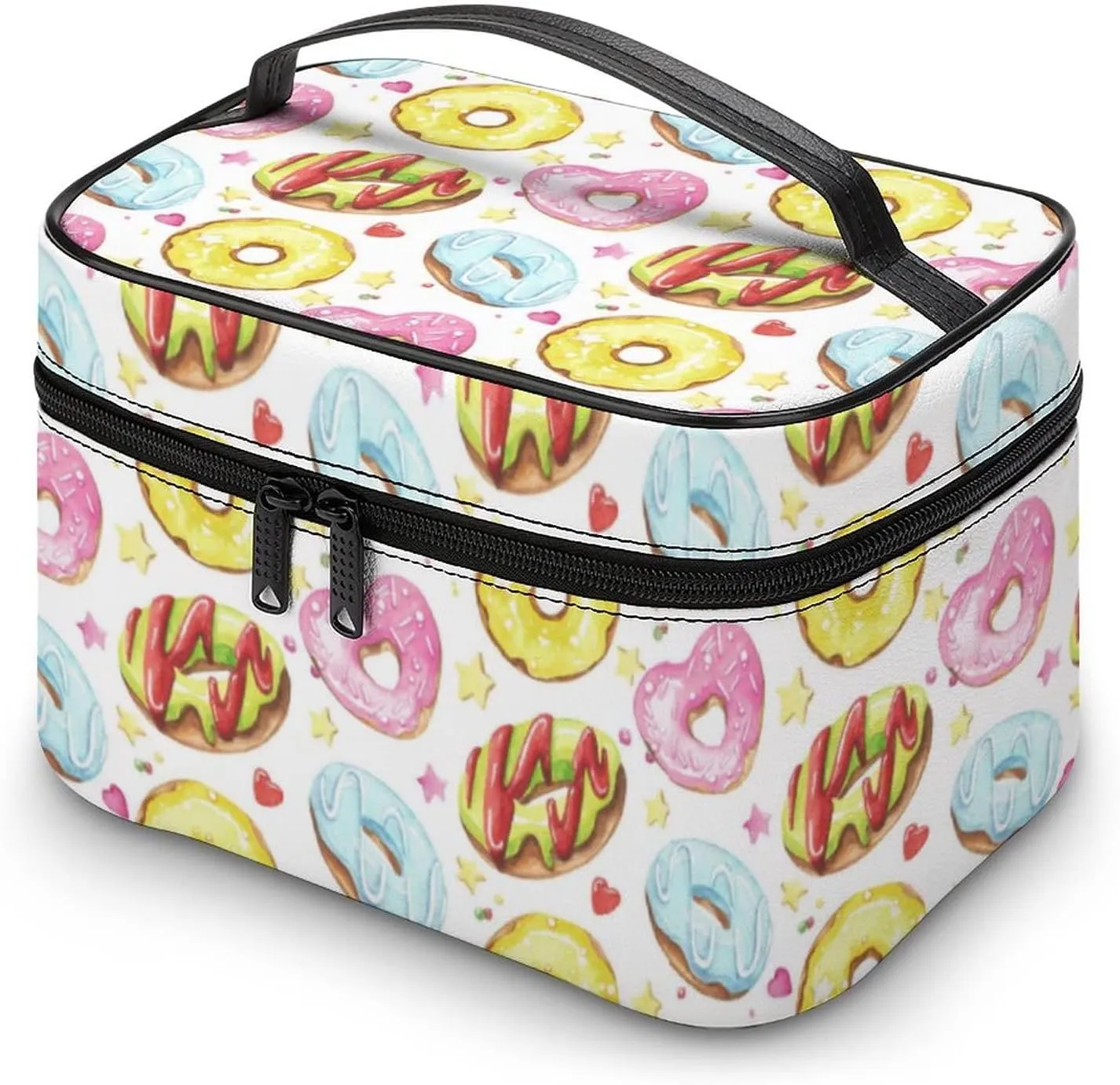 Makeup Bag Organizer Cosmetic Bag, Donuts Hearts Doughnuts Breakfast Makeup Bag Portable Synthetic Leather Makeup Organizer Bag Toiletry Bag with Handle for Girls Women Friends Gifts