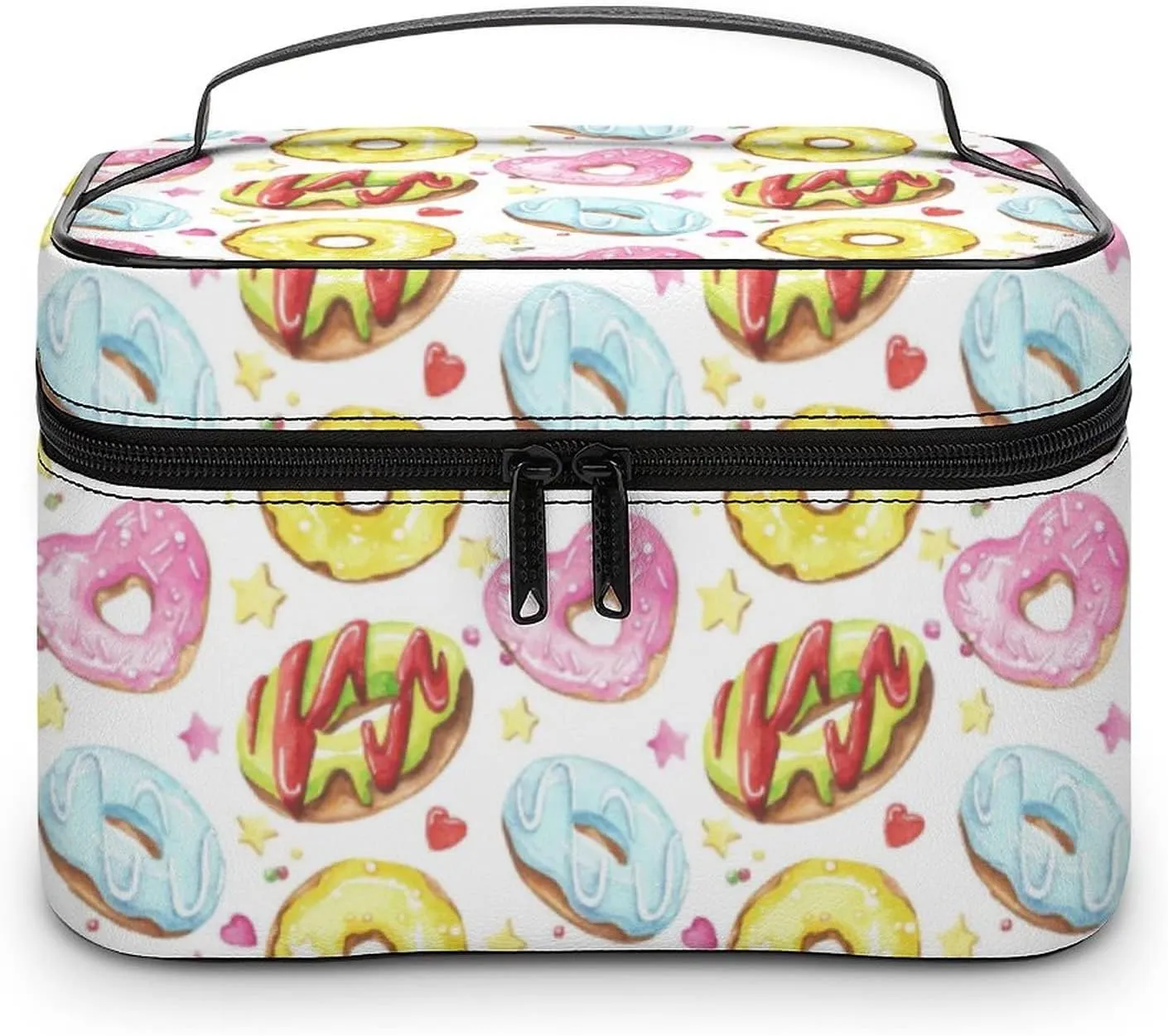 Makeup Bag Organizer Cosmetic Bag, Donuts Hearts Doughnuts Breakfast Makeup Bag Portable Synthetic Leather Makeup Organizer Bag Toiletry Bag with Handle for Girls Women Friends Gifts