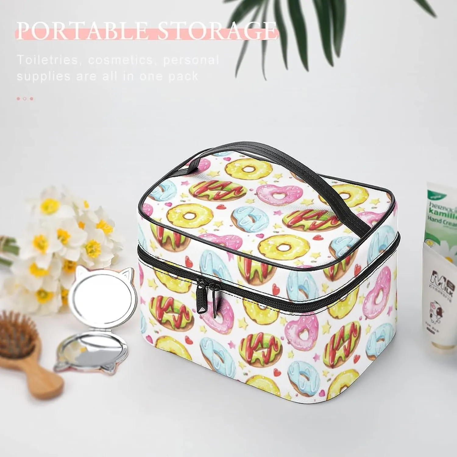 Makeup Bag Organizer Cosmetic Bag, Donuts Hearts Doughnuts Breakfast Makeup Bag Portable Synthetic Leather Makeup Organizer Bag Toiletry Bag with Handle for Girls Women Friends Gifts