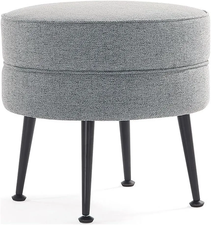 Manhattan Comfort Bailey Mid-Century Modern Round Ottoman - Durable Woven Polyester Blend Upholstery, Stylish Black Stainless Steel Legs - Easy Assembly, Perfect for Living Room, Grey with Black Feet