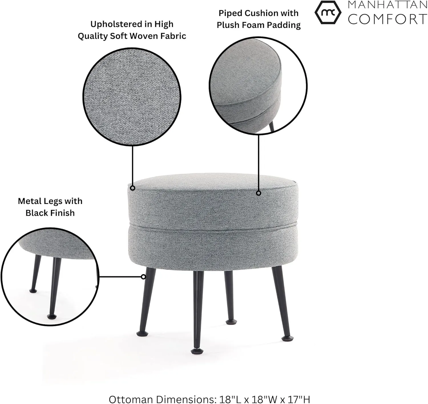 Manhattan Comfort Bailey Mid-Century Modern Round Ottoman - Durable Woven Polyester Blend Upholstery, Stylish Black Stainless Steel Legs - Easy Assembly, Perfect for Living Room, Grey with Black Feet
