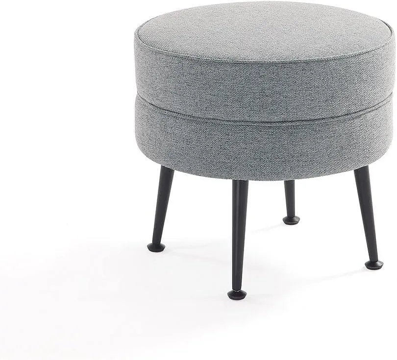 Manhattan Comfort Bailey Mid-Century Modern Round Ottoman - Durable Woven Polyester Blend Upholstery, Stylish Black Stainless Steel Legs - Easy Assembly, Perfect for Living Room, Grey with Black Feet