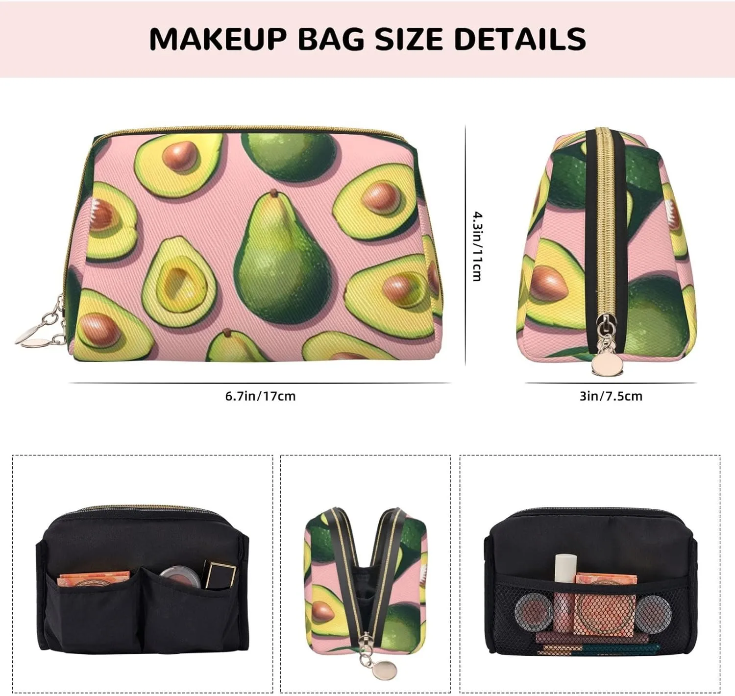 Many Avocado Images Toiletry Pouch, Travel-Friendly Makeup Organizer For Makeup Brushes, Lipsticks