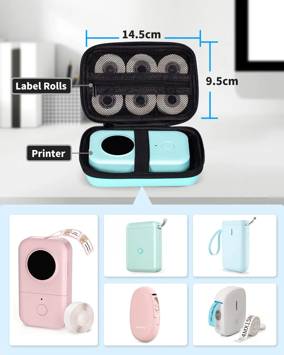 Memoking T02 Hard Storage Case - Compatible with Phomemo D30, SUPVAN E10, NIIMBOT D11, JADENS D110 and More, with Zipper Mesh Pocket, Waterproof Shockproof, Green (Only Case)