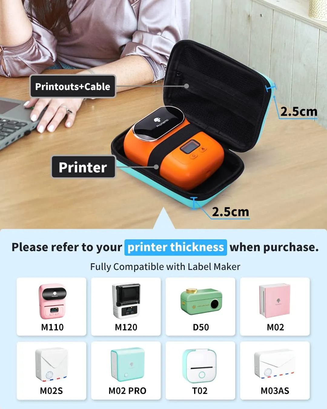 Memoking T02 Hard Storage Case - Compatible with Phomemo D30, SUPVAN E10, NIIMBOT D11, JADENS D110 and More, with Zipper Mesh Pocket, Waterproof Shockproof, Green (Only Case)