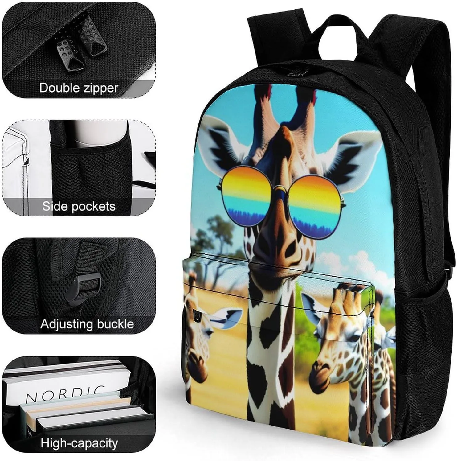 Men & Women Lightweight Crazy Cool Giraffe Art Casual Daypack Large Capacity Bookbag With Adjustable Shoulder Straps for Gym Business Bicycle