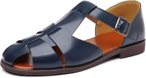 Men's Closed-Toe Flat Fisherman Sandals Lightweight Non-Slip Adjustable Hook & Loop Leather Wading Sandals for Summer Beach Casual Daily Wear