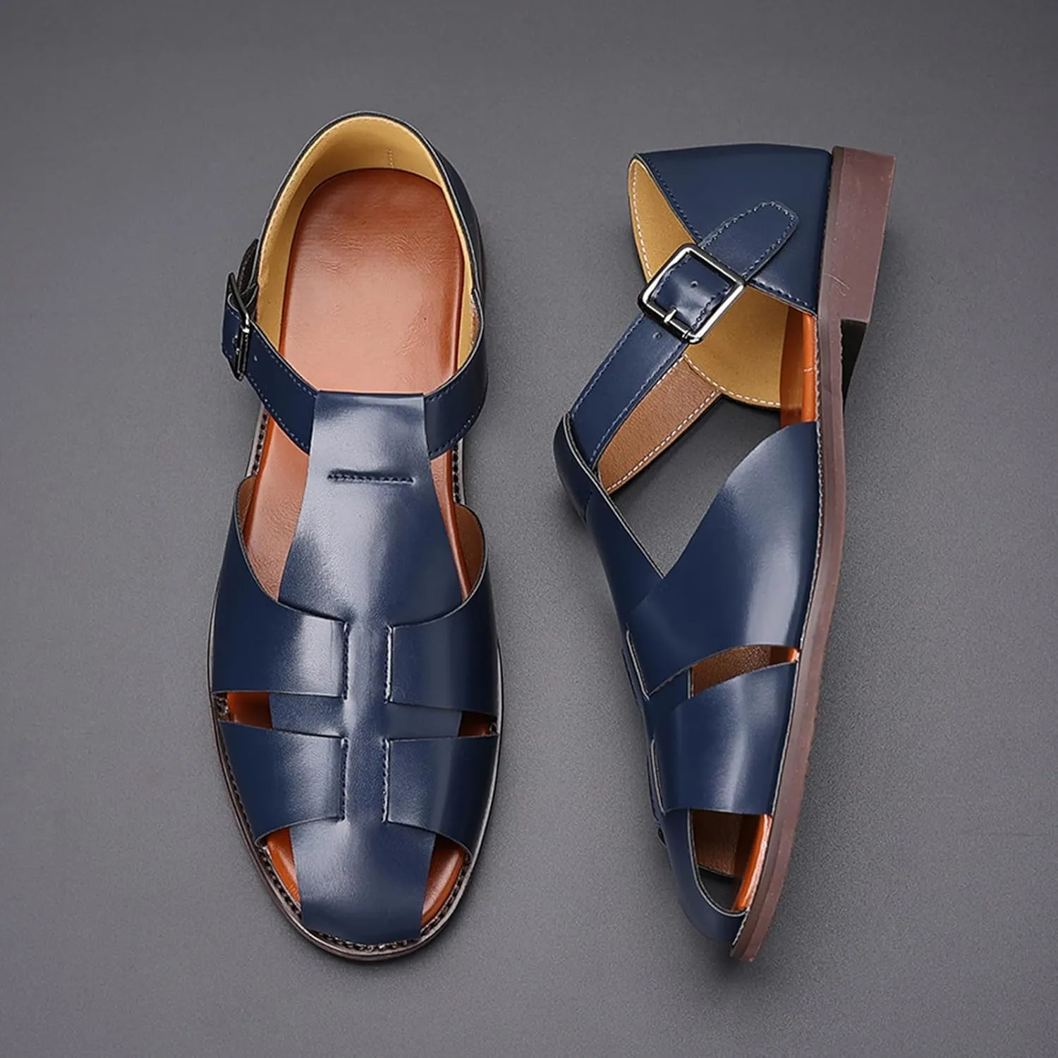 Men's Closed-Toe Flat Fisherman Sandals Lightweight Non-Slip Adjustable Hook & Loop Leather Wading Sandals for Summer Beach Casual Daily Wear
