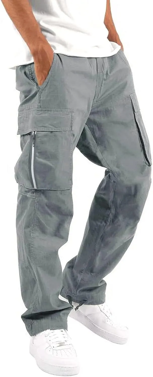 Mens Fashion Joggers Sweatpants Multi Woven Pocket Foot Rope Solid Pants Street Cargo Yoga Athletic Lounge Trousers