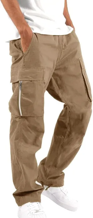 Mens Fashion Joggers Sweatpants Multi Woven Pocket Foot Rope Solid Pants Street Cargo Yoga Athletic Lounge Trousers