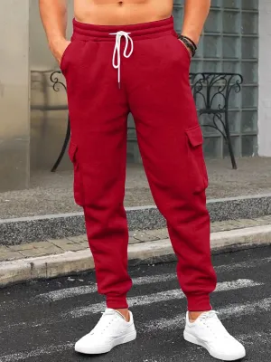 Mens Fleece Cargo Sweatpants Heavyweight Elastic Waist Pants with Pockets Baggy Drawstring Jogger Pants