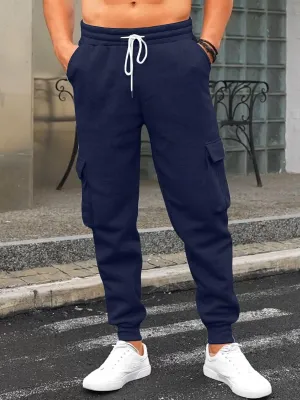 Mens Fleece Cargo Sweatpants Heavyweight Elastic Waist Pants with Pockets Baggy Drawstring Jogger Pants