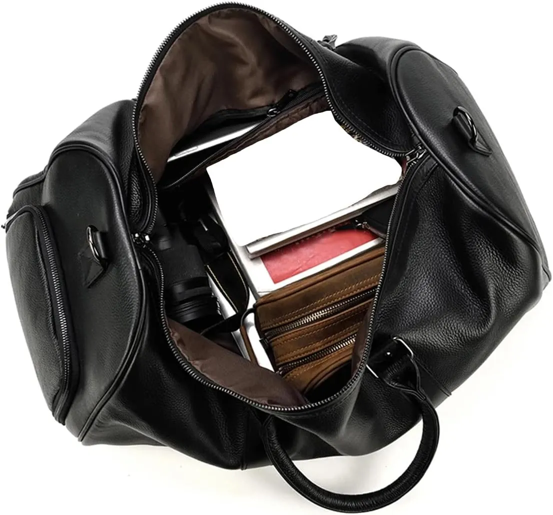 Men's Large Capacity Genuine Leather Travel Bag Soft Black Cowhide Casual Travel Luggage Large Weekend Shoulder Bag, blue(45cm)