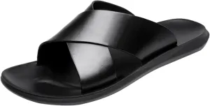 Men's Leather Criss Cross Sandals Slip-Resistant Beach Slides -Lightweight Casual Summer Flat Slippers for Pool Travel & Indoor Outdoor Wear