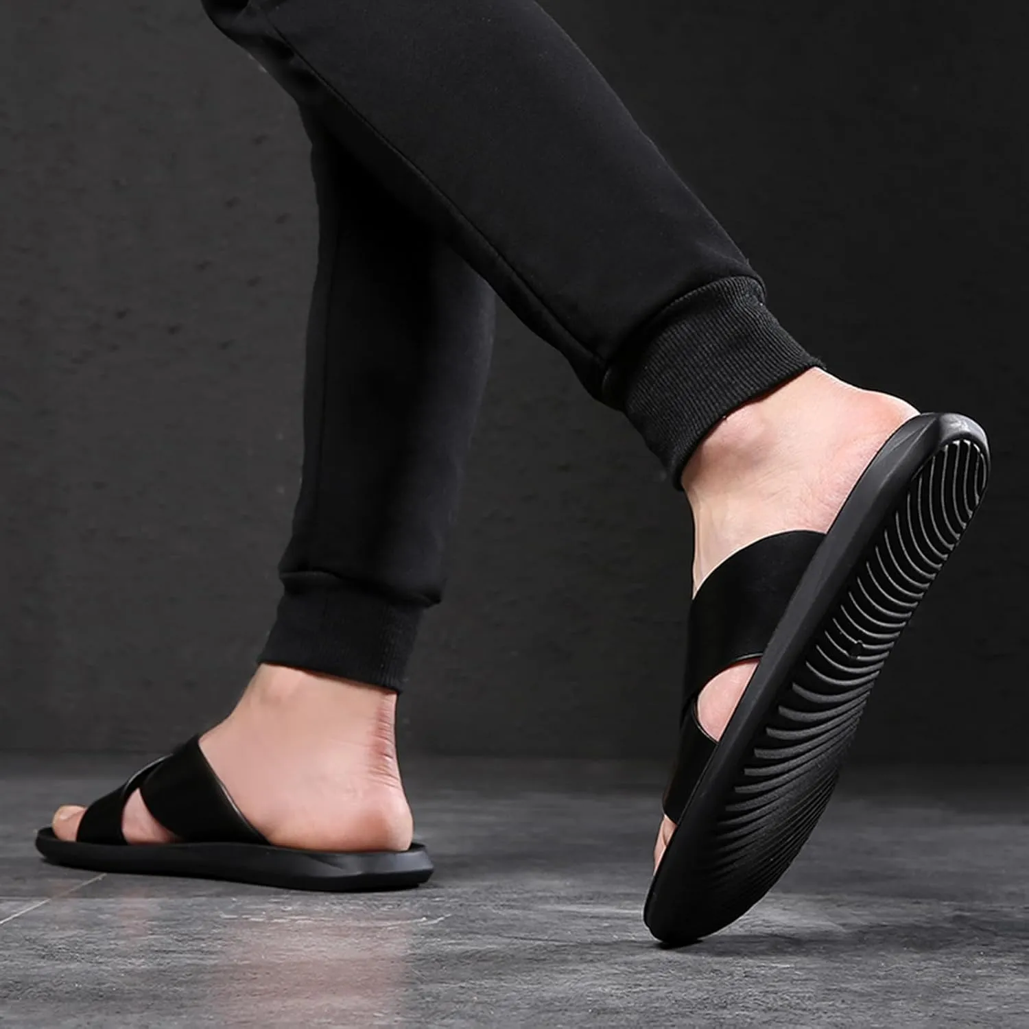Men's Leather Criss Cross Sandals Slip-Resistant Beach Slides -Lightweight Casual Summer Flat Slippers for Pool Travel & Indoor Outdoor Wear