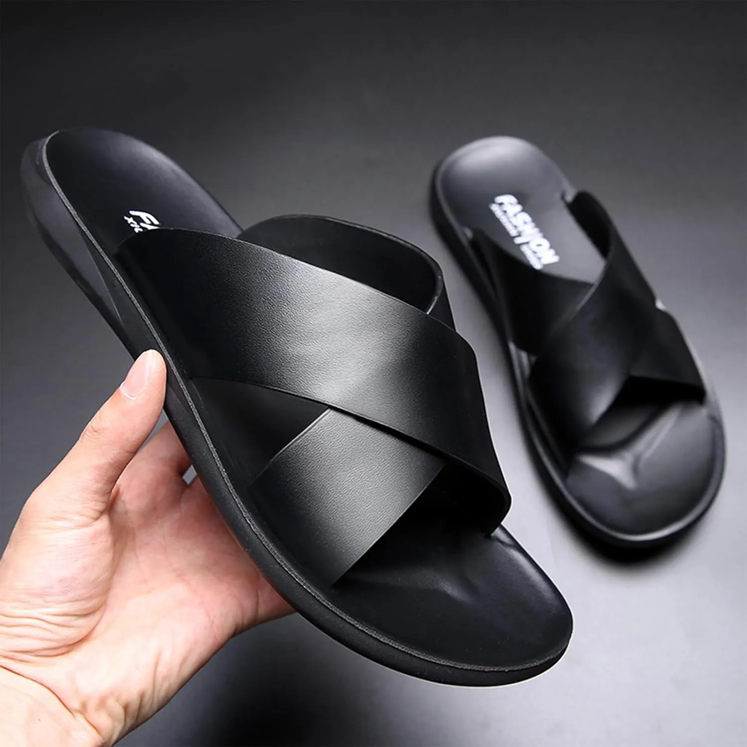 Men's Leather Criss Cross Sandals Slip-Resistant Beach Slides -Lightweight Casual Summer Flat Slippers for Pool Travel & Indoor Outdoor Wear