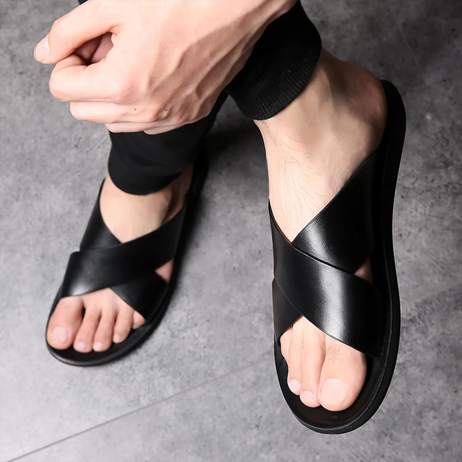 Men's Leather Criss Cross Sandals Slip-Resistant Beach Slides -Lightweight Casual Summer Flat Slippers for Pool Travel & Indoor Outdoor Wear